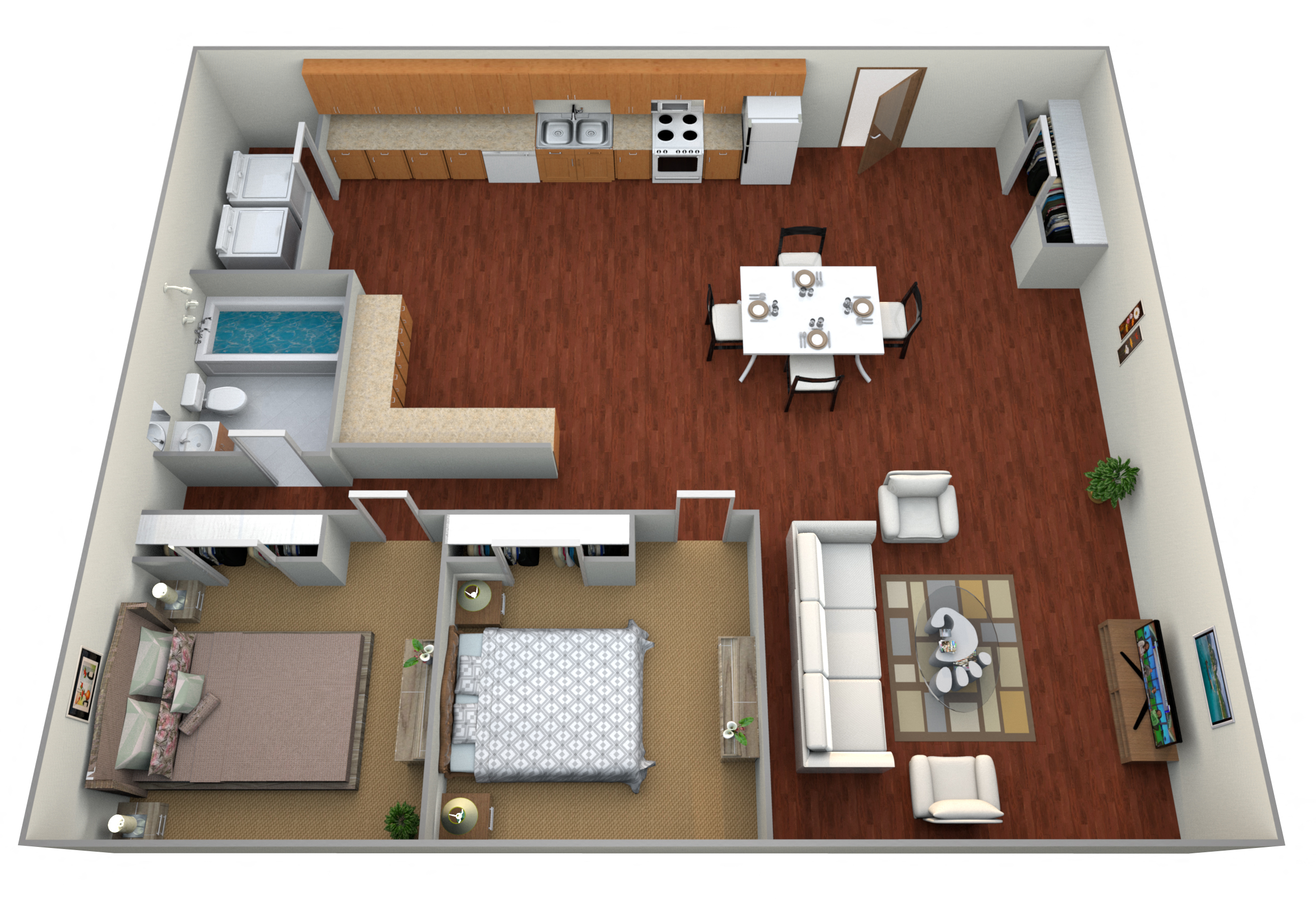 Floor plan for 2 beds, 1 bath, 1000 sqft